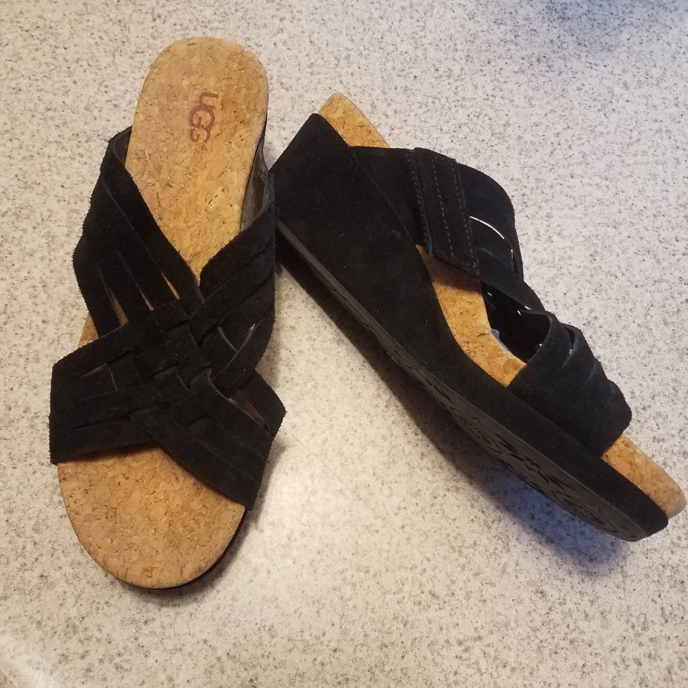 Ugg black/brown suede slip on wedges size 8